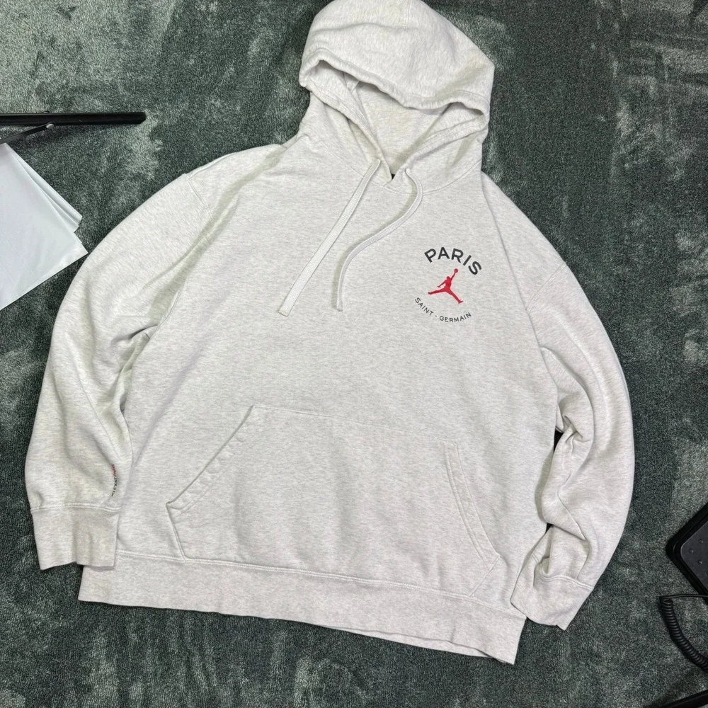 Jordan Fleece Pullover Hoodie Men 2XL Birch Heather Grey PSG Paris 23 Script